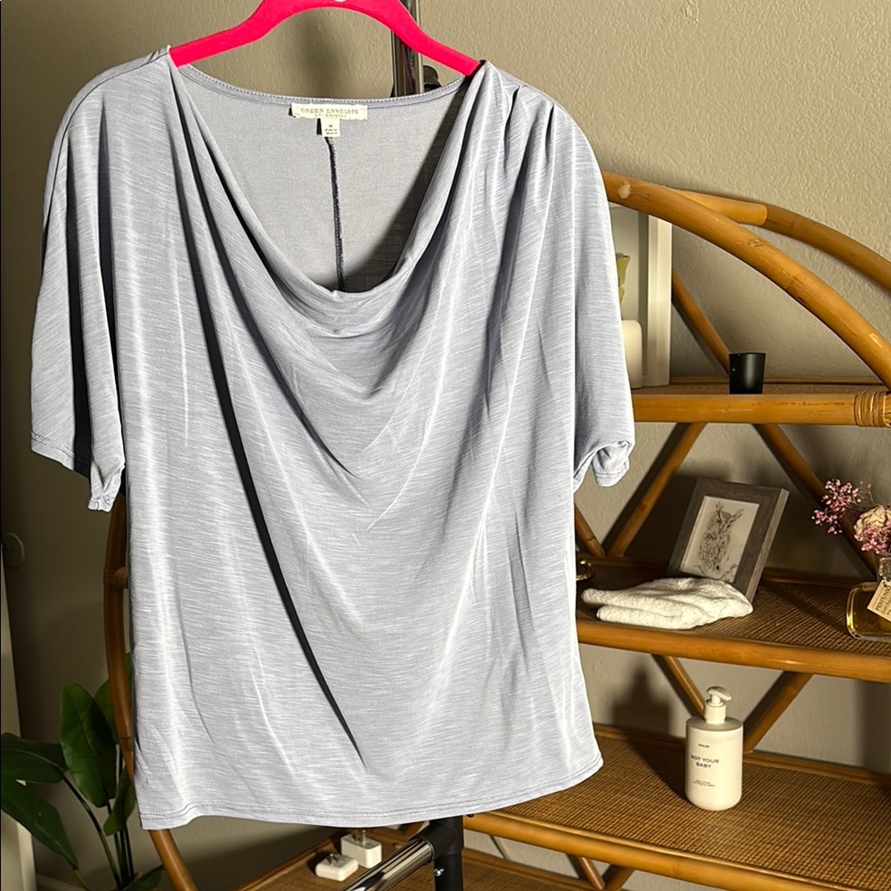 Blue Draped Short Sleeve Blouse